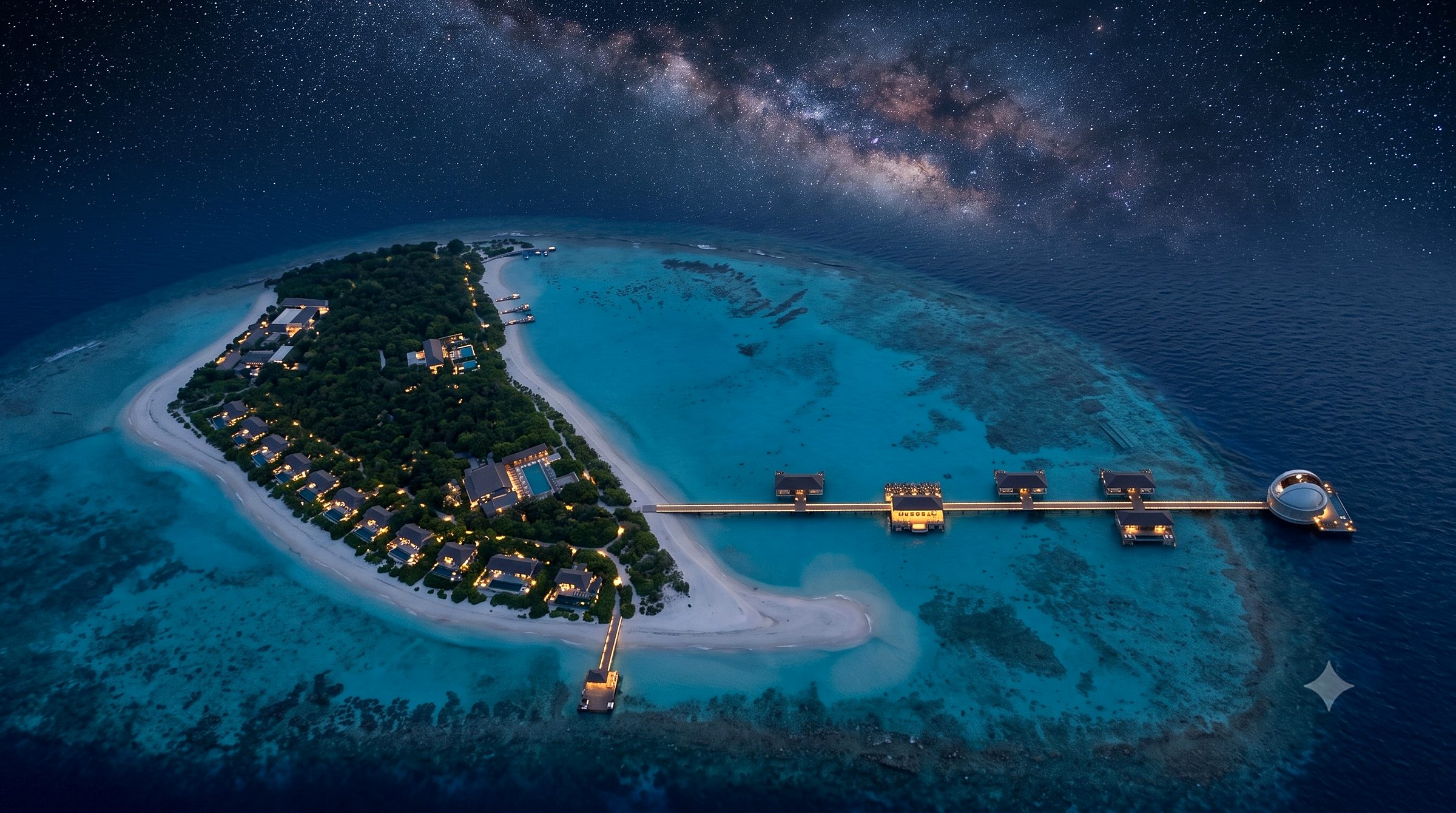Night aerial visualization of the whole of Huivani — the crescent island glowing faintly under the Milky Way, the Celestial Pier crossing the lagoon to the observatory at the reef edge, and the arrival jetty to the south.