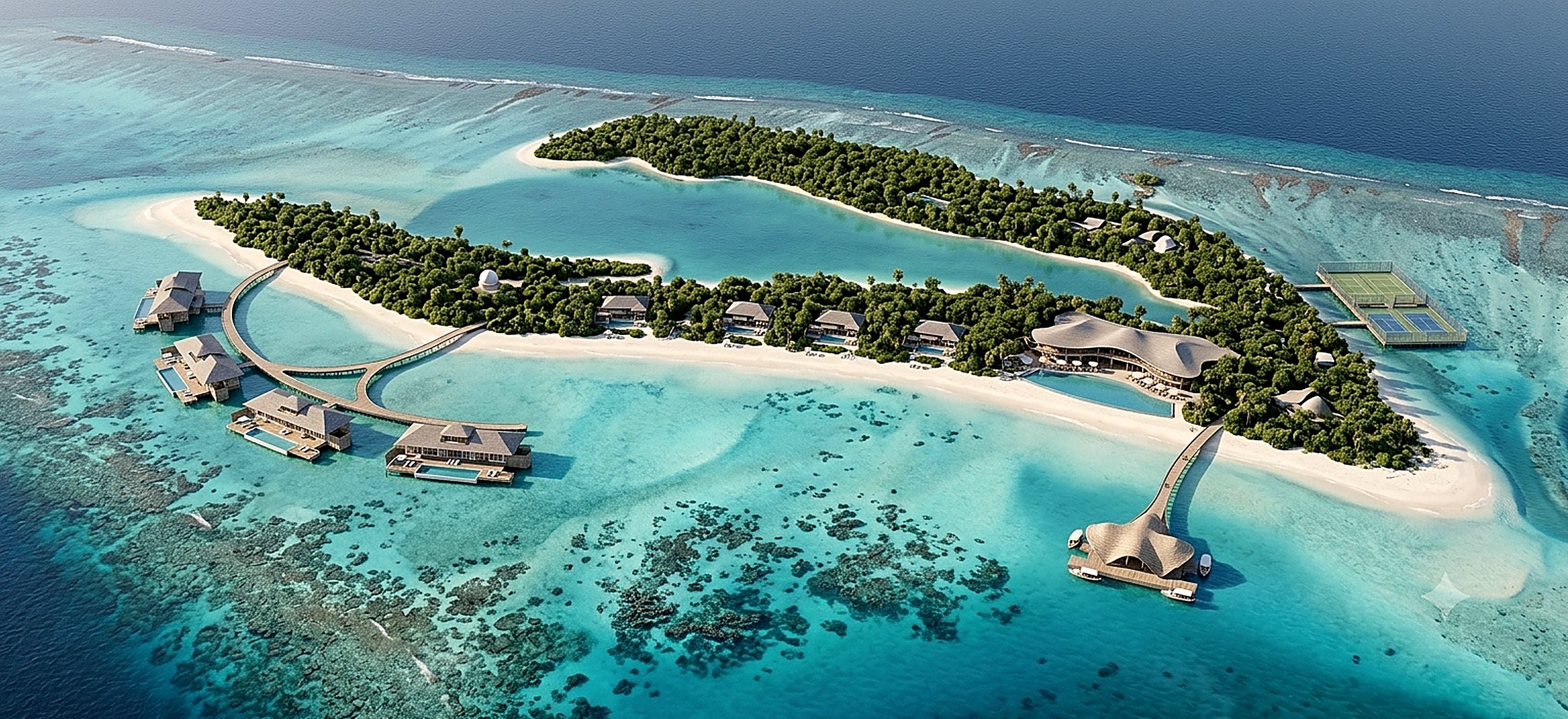 Aerial visualization of Hudhufushi Lagoon Forum — the curved overwater villa loop, beach villas behind the vegetation line, the Lagoon Forum roofs and the reef shallows of Lhaviyani Atoll.
