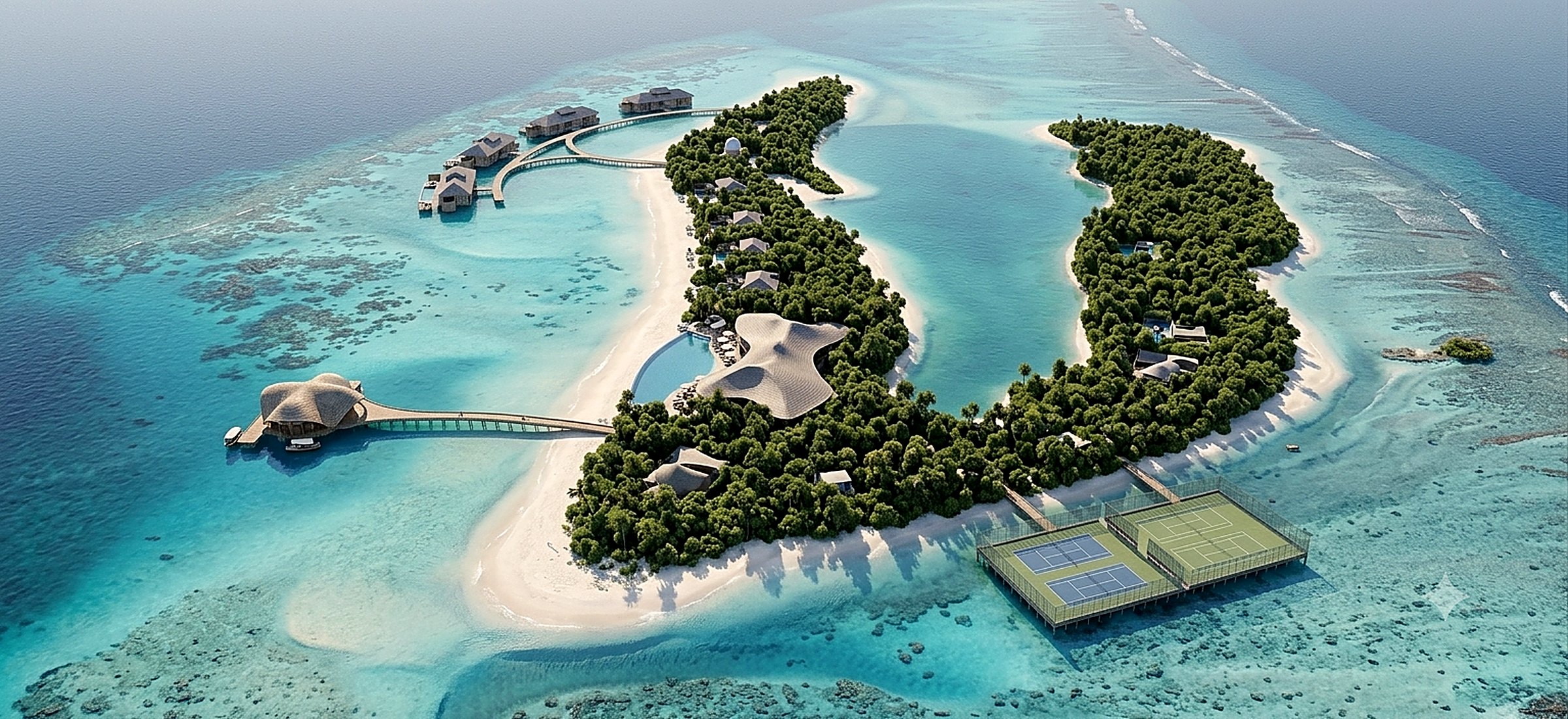 Aerial visualization of Hudhufushi Lagoon Forum from the east — the V-shaped island, its two vegetated arms, the inner lagoon, the Lagoon Forum and the overwater villa loop.